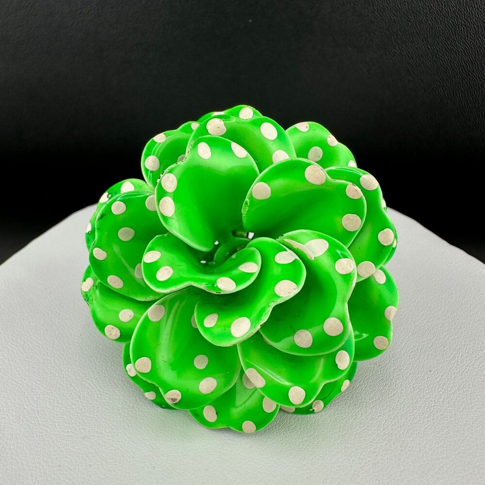 Vintage 1960s Enamel Flower Brooch Neon Green White Polka Dot Pop Art MOD Pin